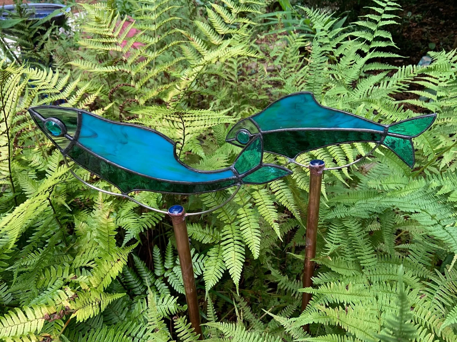 Blue fish garden stakes — original photograph