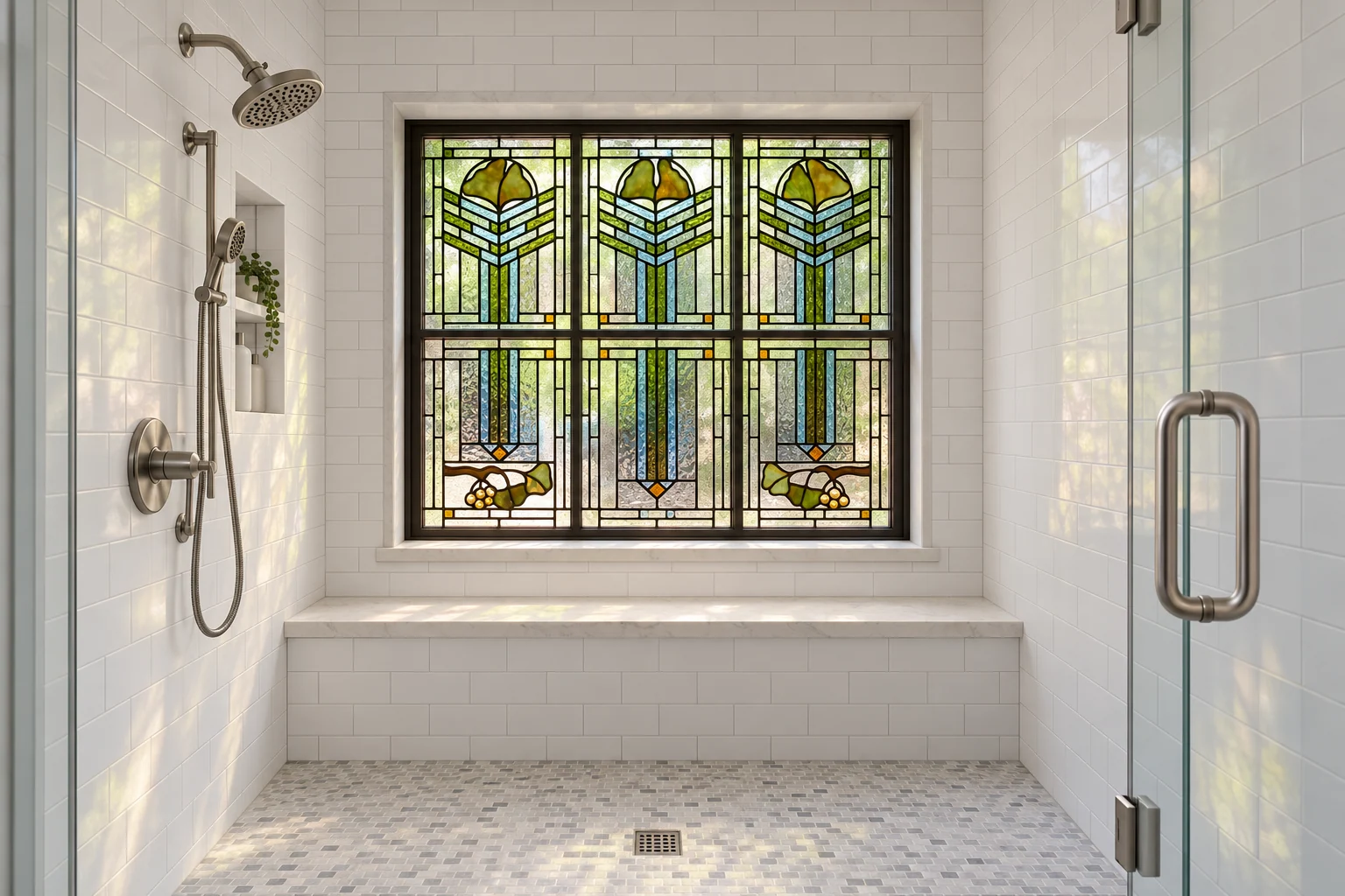 Concept showing Trish’s six-pane ginkgo stained glass in a window inside a white-tiled walk-in shower
