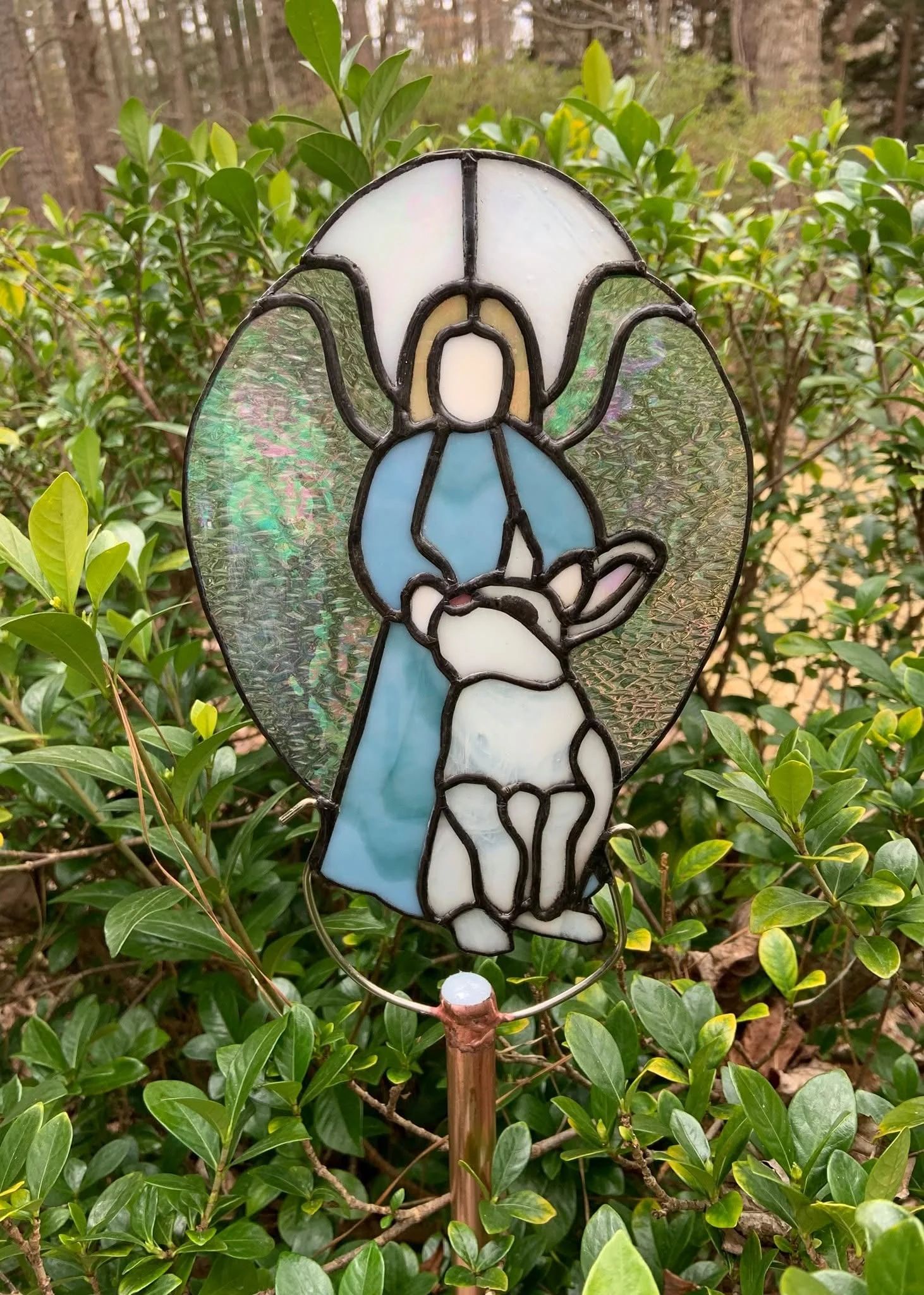 Angel with rabbit garden stake — original photograph