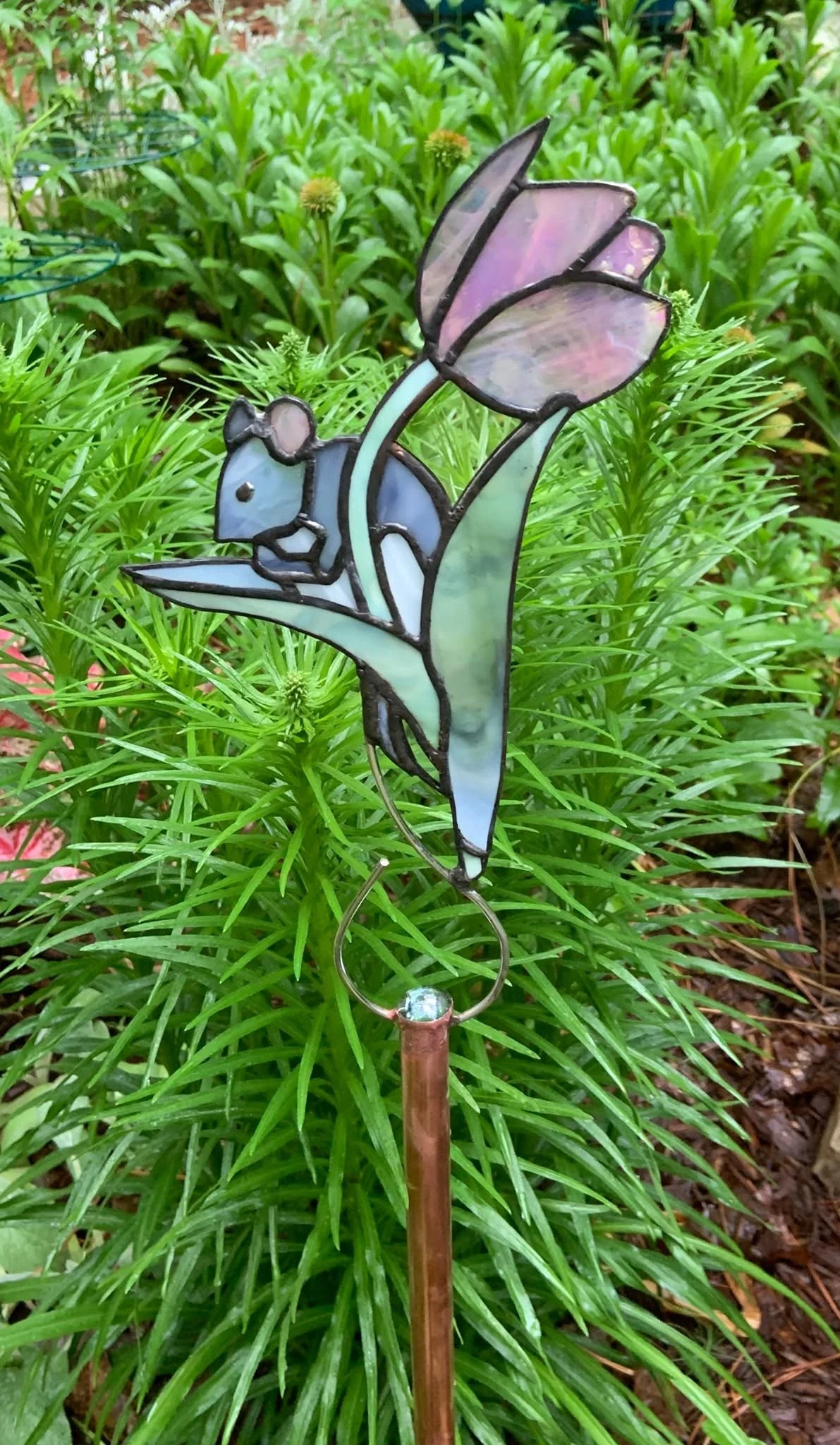 Mouse & tulip garden stake — original photograph