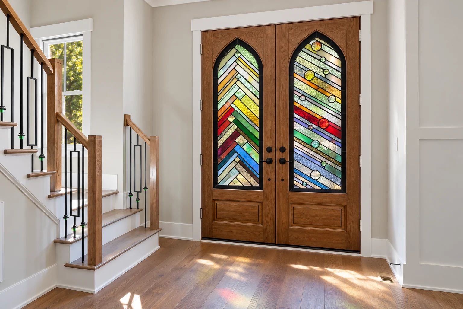 Installation concept showing Trish’s chevron and jewel-pattern stained glass in pointed openings in wooden double front doors