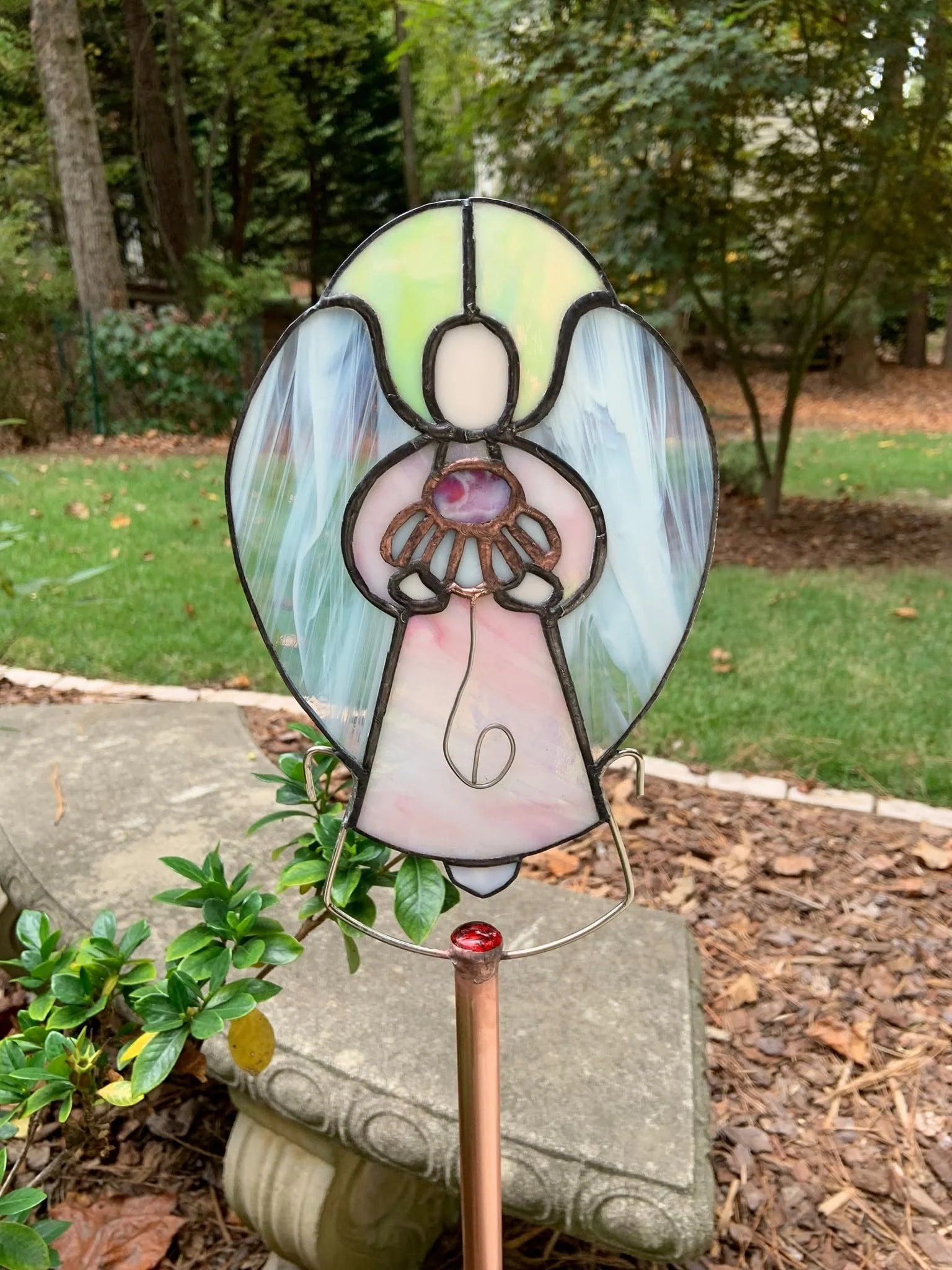 Angel with ribbon garden stake — original photograph